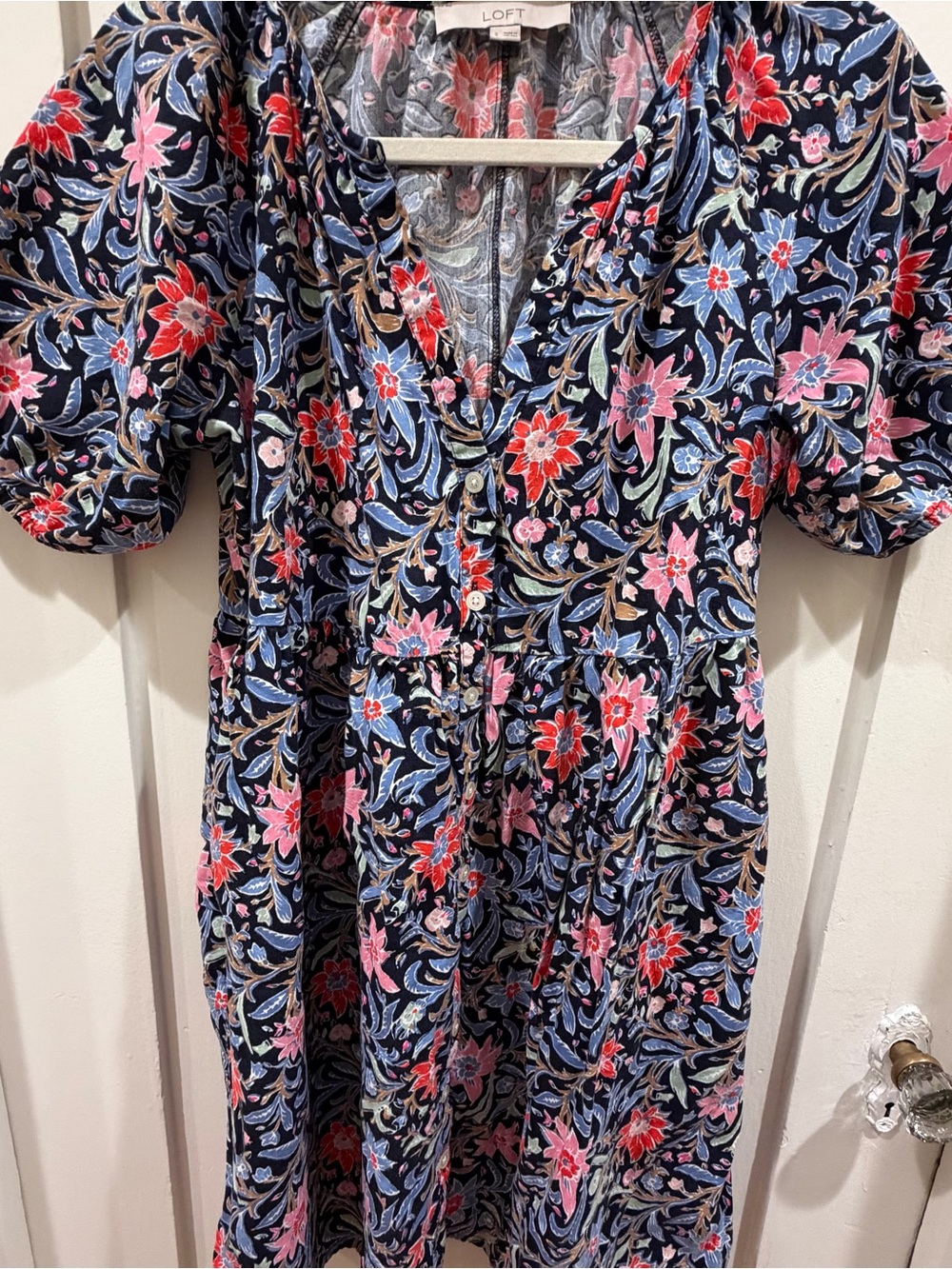 LOFT Navy Dress with Pink and Red Floral Print